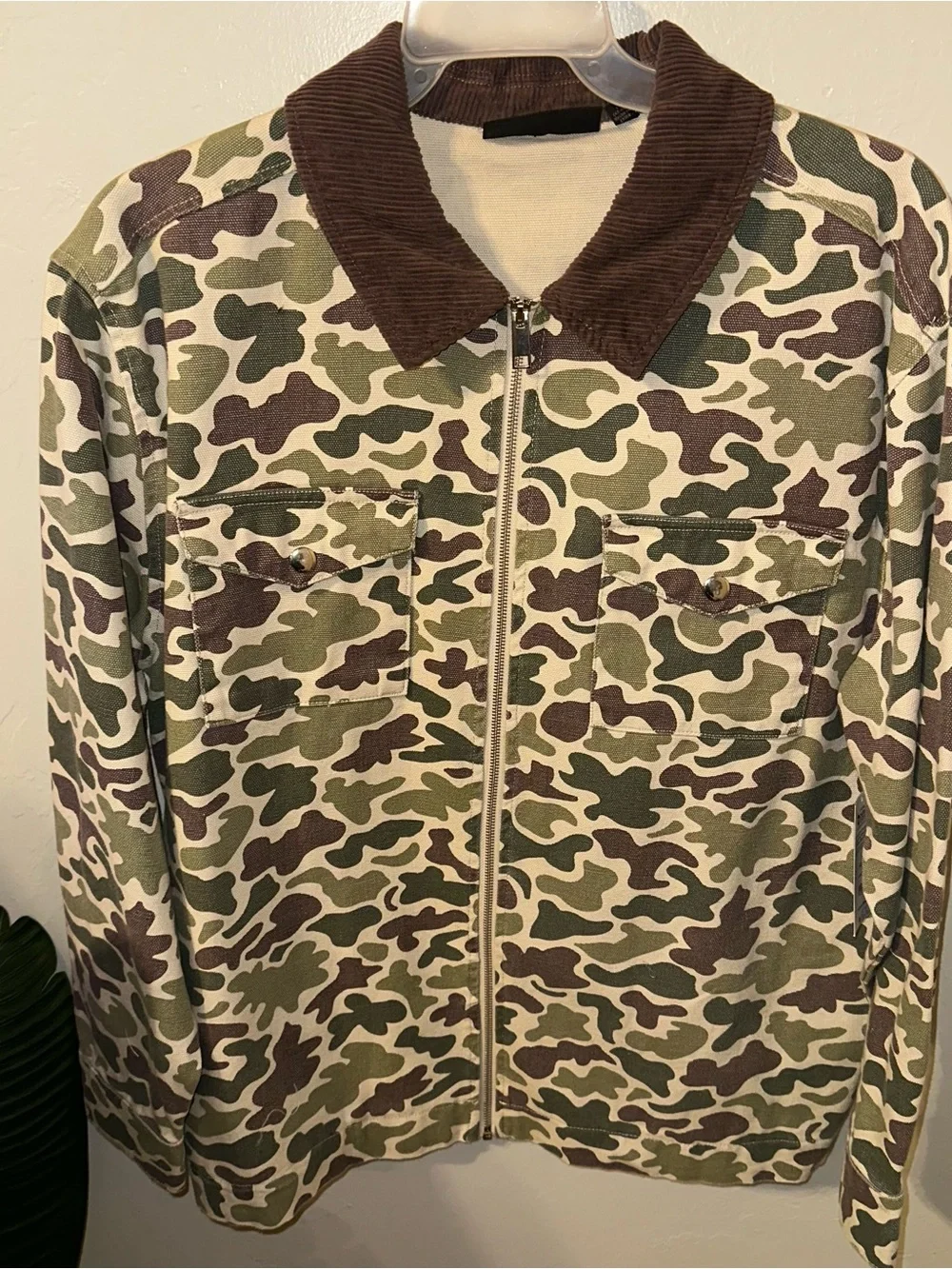 Men's Camo Zip-Front Jacket Brown Corduroy Collar Size Large